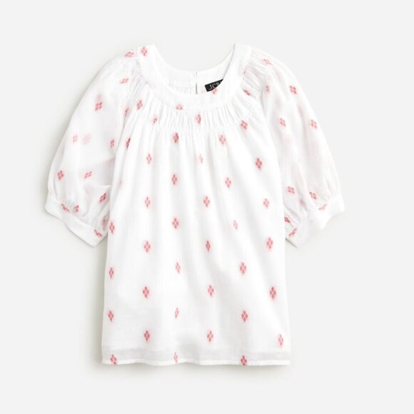 J Crew Blouse Womens Large White Dot Smock Neck Short Puff Sleeve Cotton Top - Picture 2 of 5